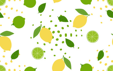 Lemon and lime isolated on a white background. Seamless pattern. Hand-drawn citrus fruits. Background for textile, paper, cover, dishes, interior decor.のイラスト素材