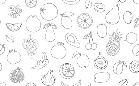 Different fruit, hand-drawn. Contour drawing isolated on a white background. Seamless pattern. Whole and chopped fruits. Background for paper, gift wrap, textile, interior decor.のイラスト素材