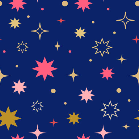 Pink and gold colored stars isolated on a blue background. Seamless pattern, background for christmas decor. Bright background for cover, wallpaper, gift wrap, textile, dishes.のイラスト素材