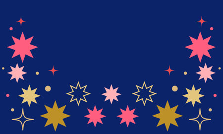 Festive round frame made of gold and pink stars isolated on blue background. Decorative element for Christmas and New Year decor. Vector illustration.のイラスト素材