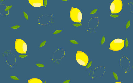 Lemon fruit isolated on a blue background. Seamless pattern. Hand-drawn fruits. Background for textile, paper, cover, dishes, interior decor.のイラスト素材