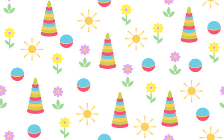 Baby toys and abstract flowers isolated on a white background. Seamless pattern. Flat style. Childish background for textile, paper, cover, dishes, interior decor.のイラスト素材