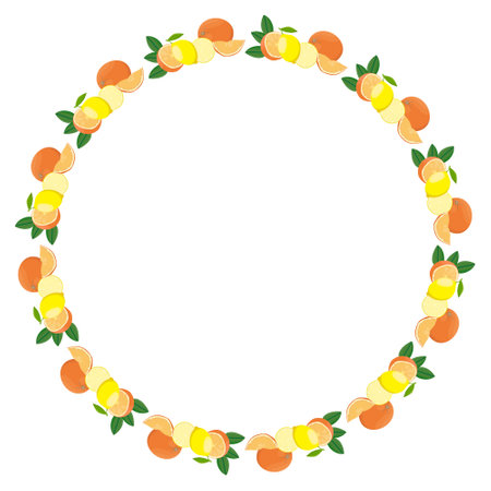 Round frame made of citrus fruits. Isolated on a white background. Lemons and oranges with green leaves. Vector illustration, design element.のイラスト素材