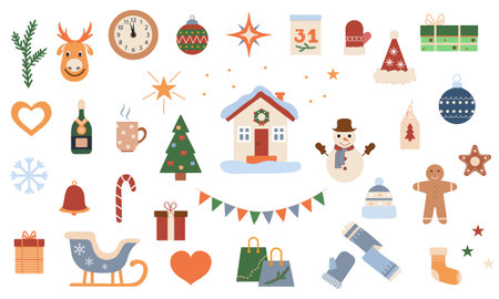 Christmas objects set isolated on white background. Collection of Christmas festive elements for design. Vector illustration for card, invitations and christmas decor.のイラスト素材