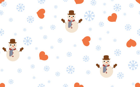 Snowmen, snowflakes and hearts isolated on a white background. Funny seamless pattern in a hand-drawn style. Background for paper, gift wrap, card, textile, interior decor.のイラスト素材
