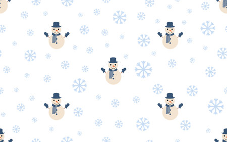 Snowmen and snowflakes isolated on a white background. Funny seamless pattern in a hand-drawn style. Background for paper, gift wrap, card, textile, interior decor.のイラスト素材