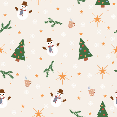Seamless Christmas pattern with snowman and fir tree. Vector illustration. Festive background for paper, gift wrap, textile, card, wallpaper.のイラスト素材