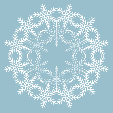 Round frame made of snowflakes isolated on a pastel blue background. White snowflake with copy space for your text. Vector illustration, design element.のイラスト素材