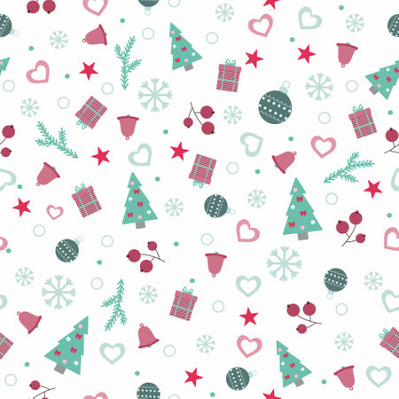 Seamless pattern with christmas attributes isolated on a white background. Hand drawn style. Festive background for paper, cover, textile, different decor.のイラスト素材