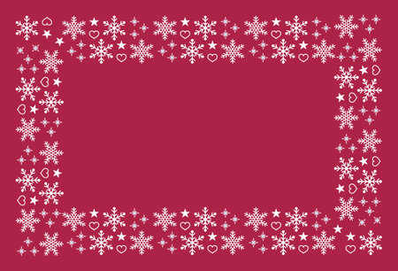 Rectangle frame made of snowflakes isolated on magenta background. With copy space for your text. White snowflakes and small stars. Decorative element for Christmas and New Year deのイラスト素材