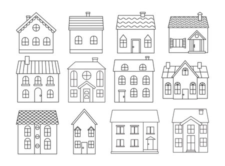 Houses of the suburbs residential area, low-rise buildings. Set of outline vector illustration. Editable stroke. Stroke weight can be changed. Vector illustration for house icon.のイラスト素材