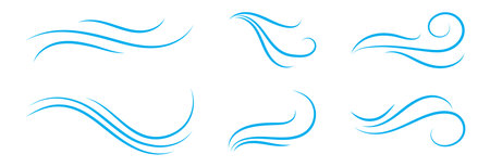 Wind linear sketch set, wind blow line icon. Isolated vector illustration. Wind motion, air blow, swirl elements. Air blow motion, smoke flow art, windy weather symbol.のイラスト素材