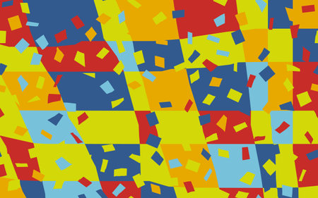 Bright abstract background with quadrilaterals of blue, red and yellow colors. Festive background for paper, gift wrap, textile, card, wallpaper.のイラスト素材