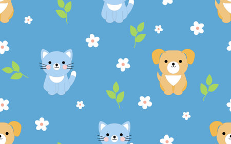 Cute kitty and puppy with flowers on a blue background. Seamless pattern in flat style. Childish background with cat and dog for textile, paper, cover, dishes, interior decor.のイラスト素材