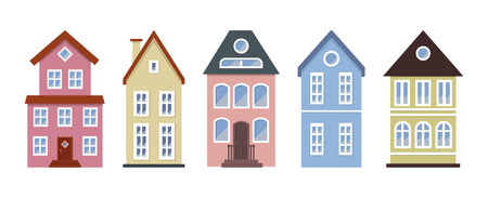 Houses of the suburbs residential area, low-rise buildings. Set of colorful vector illustration. Vector illustration for house icon, village, city element.のイラスト素材