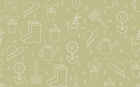 Garden items. White outline drawing on a green background. Seamless pattern, isolated. Vector background for paper, cover, textile, decor.のイラスト素材