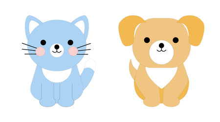 Cute cat and dog isolated on a white background. Kitty and puppy. Vector illustration in flat style, colored icon.のイラスト素材