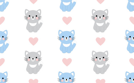 Cute kitty and pink heart isolated on a white background. Seamless pattern in flat style. Childish background with cats for textile, paper, cover, dishes, interior decor.のイラスト素材