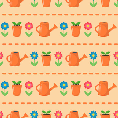 Colored items for gardening. Watering can, flower pot, flower isolated on a peach color background. Seamless pattern. Background for textile, paper, cover, interior decor.のイラスト素材