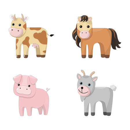 Set of farm animals in flat style isolated on white background. Vector illustration, colored icon. Cute cartoon animals collection: cow, horse, pig, goat.のイラスト素材