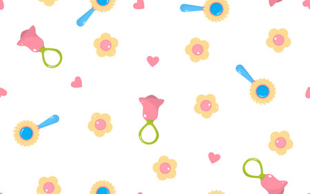 Rattle baby toy and cute flowers isolated on a white background. Seamless pattern, flat style. Childish background for paper, cover, textile, dishes, interior decor.のイラスト素材