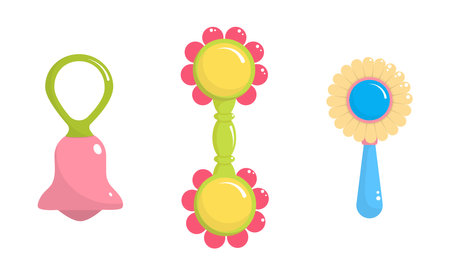 Rattle baby toy isolated on white background. Rattles set. Vector illustration, colored icon in flat design.のイラスト素材