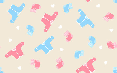 Newborn undershirts and socks on a beige background. Baby seamless pattern in flat style. Background for paper, gift wrap, textile, card, wallpaper.のイラスト素材