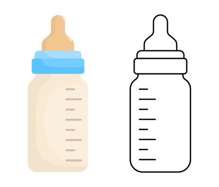 Baby bottle for milk isolated on a white background. Vector illustration in flat style. Outline icon with editable stroke. Baby care equipment.のイラスト素材