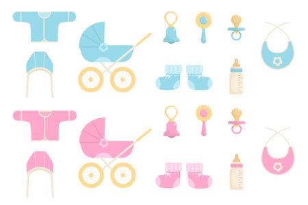 Baby items set isolated on a white background. Easy corrected colors, shadows are transparent. Vector illustration, colored icon. Clothes, strollers, toys.のイラスト素材