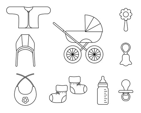 Baby items set of linear icons. Editable stroke. Clothes, stroller, equipment. Vector illustration.のイラスト素材