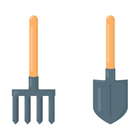 Gardening tools isolated on a white background. Small rake and a garden shovel, shovel with a short handle. Flat design. Colored icon, vector illustration.のイラスト素材
