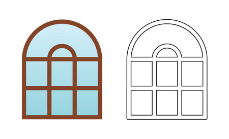 Wide closed window with transparent glass isolated on a white background. Vector illustration, colored and linear icon. Element of architectural decoration of the building.のイラスト素材