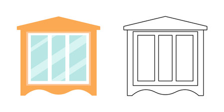 Colored and linear drawing of a window. Set isolated on a white background. Editable stroke. Vector illustration, colored and linear icon.のイラスト素材