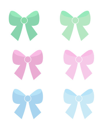 Set of cute different color bows isolated on a white background. Flat style. Vector illustration, template for decor.のイラスト素材