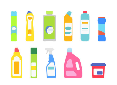 Cleaning and hygiene products set isolated on a white background. Plastic bottles icon set, flat style. Colored icon, illustration of household chemicals.のイラスト素材