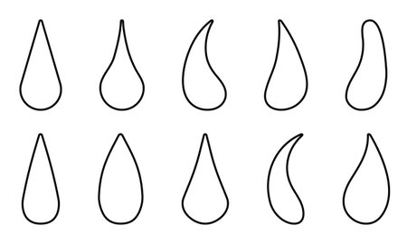 Water drops outline set isolated on a white background. Different drop shapes. Editable stroke, line thickness can be changed. Linear icon, vector illustration.のイラスト素材