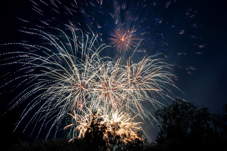 Fireworks, salute with the black sky backgroundの写真素材