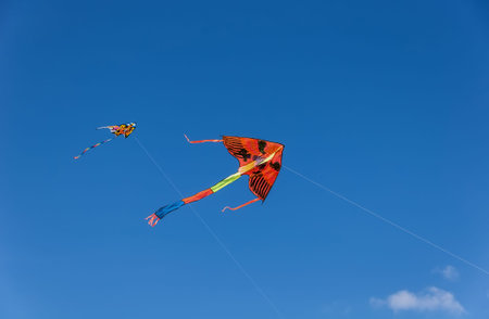 Two colorful kite flying against a blue skyの写真素材