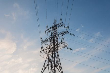 Single power line tower on the sky backgroundの写真素材