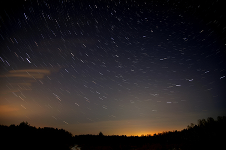 Night landscape with traces of the stars in the night sky on background of a dark forestの写真素材