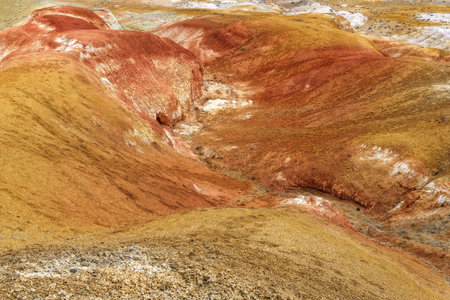 Colorful abstract background of textures of colored rocks with cracks, fractures and rare vegetation