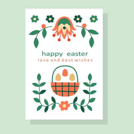 Easter scandi card template with basket, flowers and eggs. Hand-drawn vector illustration in flat style.のイラスト素材