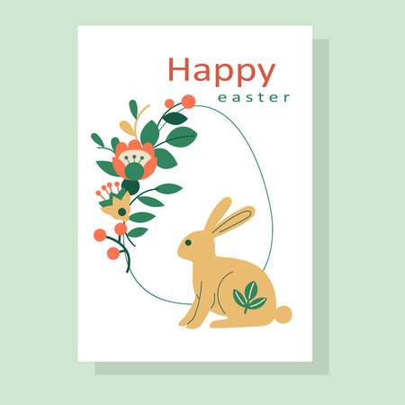 Easter scandi card template with bunny, flowers and eggs. Hand-drawn vector illustration in flat...