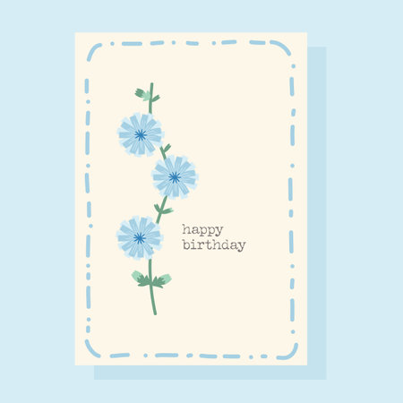 Happy birthday template card set with blue flowers. Hand-drawn vector illustration in flat style.のイラスト素材