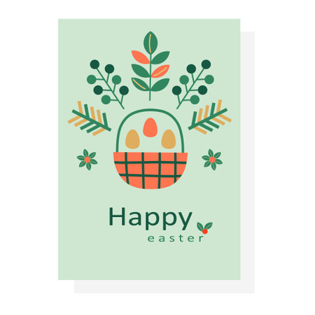 Easter scandi card template with basket, flowers and eggs. Hand-drawn vector illustration in flat style.のイラスト素材