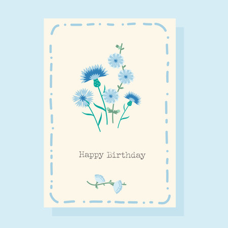 Happy birthday template card blue flowers. Hand-drawn vector illustration in flat style.のイラスト素材