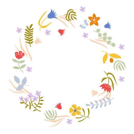 Floral colorful frame card template. Hand-drawn vector illustration in flat style.のイラスト素材