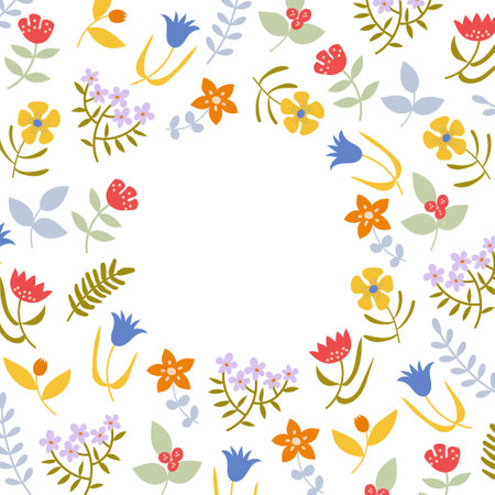Floral colorful frame card template. Hand-drawn vector illustration in flat style.のイラスト素材