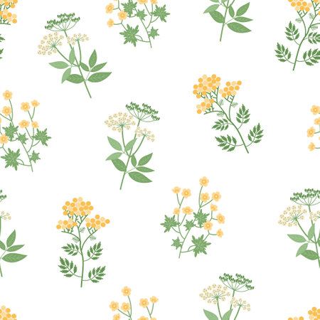 Botanical cute flower pattern on white background. Yellow green rustic. Hand-drawn vector illustration in flat style.のイラスト素材