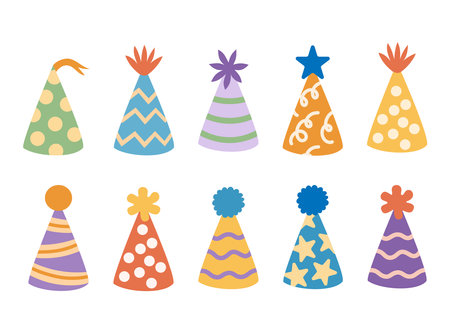 Cute colorful happy birthday hats set. Hand-drawn vector illustration in flat style.のイラスト素材